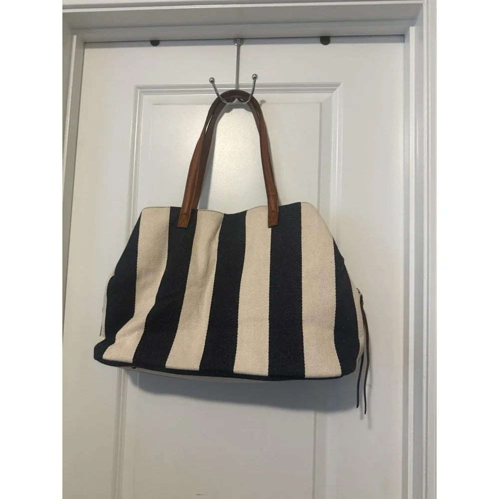 Sole Society Stripes Canvas, Bag, Navy, And‎ Cream Color large Carryall